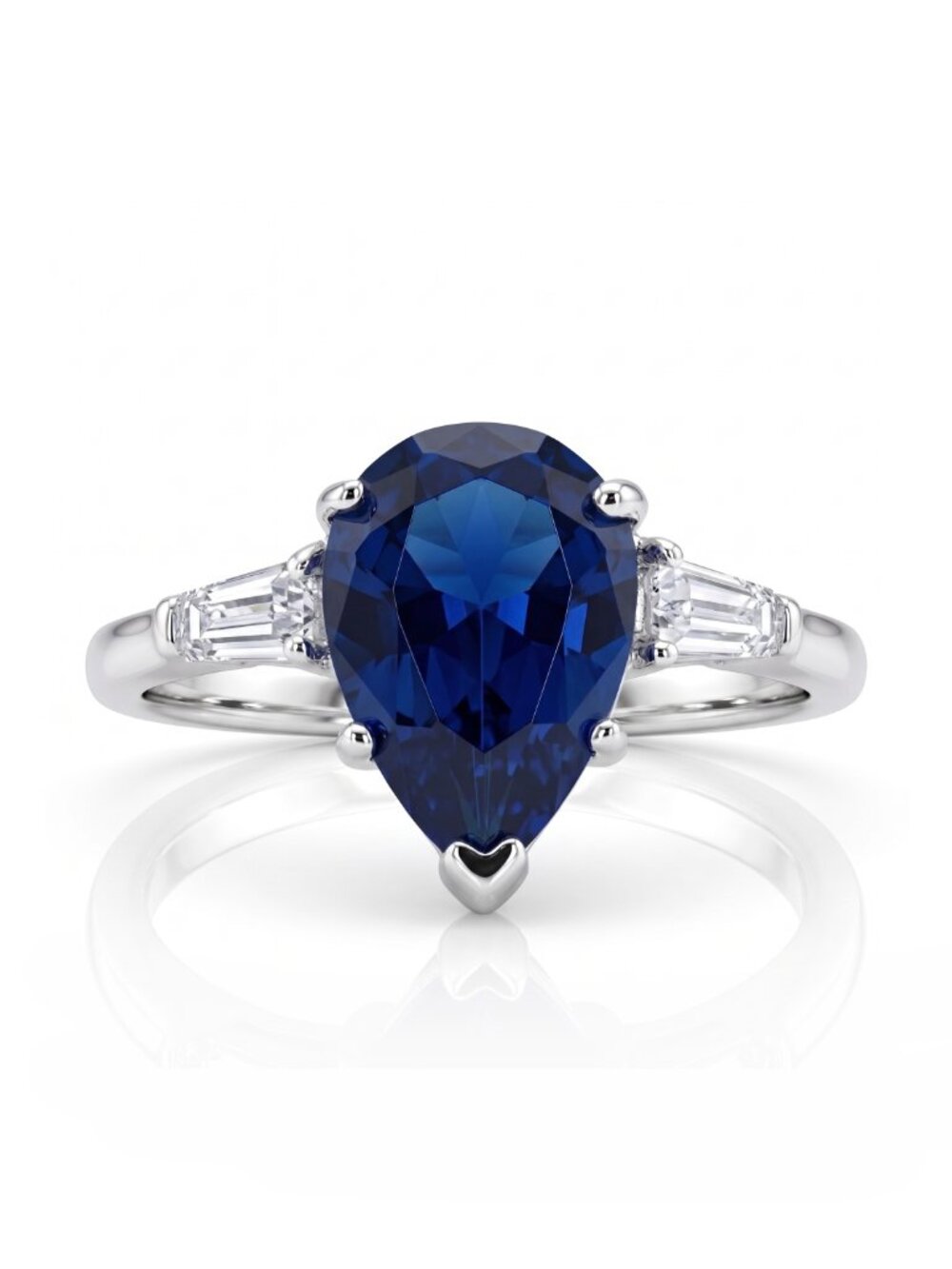 Pear-cut Blue Sapphire Ring with baguette-cut side stones, 925 Sterling Silver
